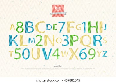 cartoon style alphabet letters and numbers over paper texture. vector, comic font type design. kids entertainment lettering. comical book typesetting. zigzag typeface template