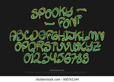 cartoon style alphabet letters and numbers isolated on black background. vector spooky, comic font type. scary Halloween character design. handwritten, decorative typesetting