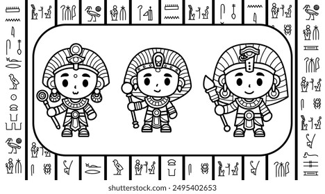 Cartoon style ancient Egyptian pharaohs character with Egyptian hieroglyphs, traditional regal attire, hand drawn outlines, cute illustration and vector.