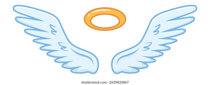 Cartoon style angel wings and halo evoke feelings of innocence, purity, and spirituality, symbolizing divine presence, protection, or ascension to Heaven