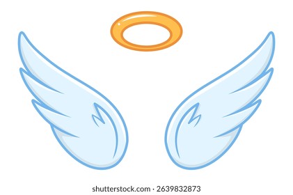 Cartoon style angel wings and halo symbolize innocence and purity, enhancing designs for spirituality, celebrations, and children's themes