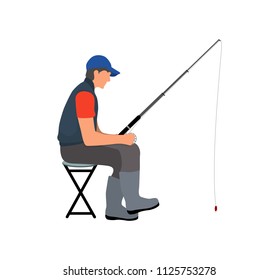 Cartoon style angler sitting on folding chair with a fishing tackle waiting for fish color vector illustration. Idea for informative fishery poster.