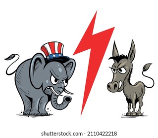 Cartoon style angry elephant and donkey characters. Isolated on white background.