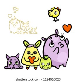 Cartoon style. Animals with a heart. Contour for coloring. Children's style. Vector. Positive illustration.