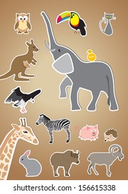 cartoon style animals: owl, toucan, cat, elephant, kangaroo, volture, giraffe, pig, zebra, rabbit,  yak and urial