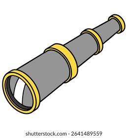 Cartoon style artwork features a grey spyglass outlined in black with decorative yellow rings; it is depicted in a slightly angled perspective on a clean white background.