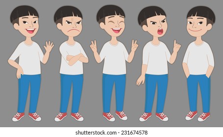 Cartoon Style Asian Boy In Jeans And White T-shirt. Set Of Original Character Different Standing Poses And Facial Expressions. Vector Illustrations Collection Isolated On Background