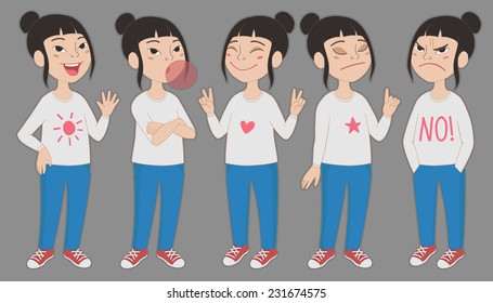 Cartoon Style Asian Girl In Jeans And White T-shirt. Set Of Original Character Different Standing Poses And Facial Expressions. Vector Illustrations Collection Isolated On Background