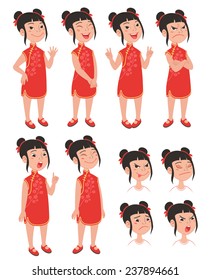 Cartoon style Asian girl in traditional chinese qipao red dress. Set of original character different standing poses and facial expressions. Vector illustrations collection isolated on background