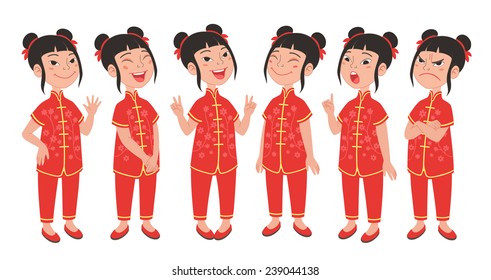 Cartoon style Asian girl wearing traditional Chinese festive costume. Set of original character different standing poses and facial expressions. Vector illustrations collection isolated on background