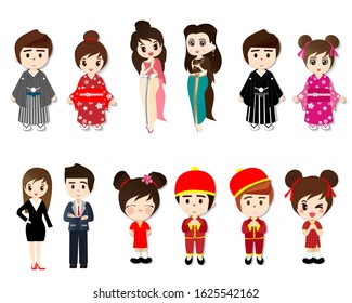 Cartoon Style Asian in traditional costume and Modern, cartoon character, kimono, Thai dress, Vector illustration.