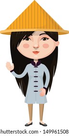 Cartoon Style Asian Woman with Chinese Hat Waving with a Hand