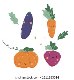Cartoon Style Autumn Veg Illustration. Hand Drawn Colored Trendy Vector Illustration. Kawaii Food Vegetable Design. 