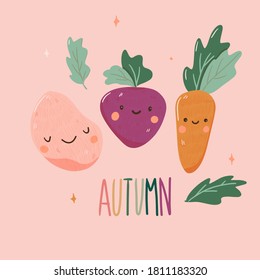 Cartoon style autumn veg illustration. Hand drawn colored trendy vector illustration. Kawaii food vegetable design. 