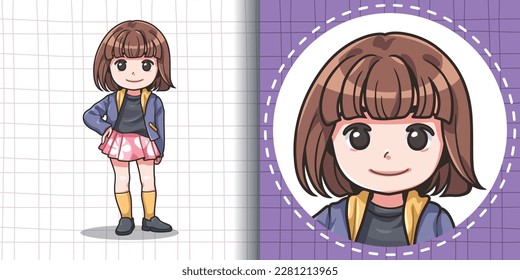 Cartoon style avatars for social media. Avatars profile of a girl with short brown hair wearing a purple hoodie and a pink short skirt. Vector image.
