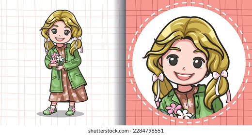 Cartoon style avatars for social media. Avatars profile of a young girl wearing a green coat and a brown floral dress is holding a flower. Vector image.