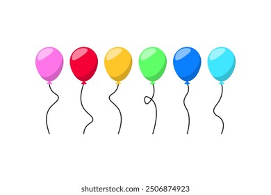 Cartoon style balloons. Bunch of balloons for birthday and party. Flying balloons on string. Blue, red, green, yellow, pink balls isolated on white background. Flat icons for celebration and carnival.