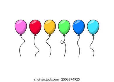 Cartoon style balloons. Bunch of balloons for birthday and party. Flying balloons on string. Blue, red, green, yellow, pink balls isolated on white background. Flat icons for celebration and carnival.