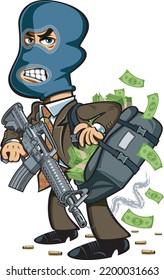 Cartoon Style Bank Robber Wearing Balaclava Mask Holding Assault Rifle At Bag Full Of Money