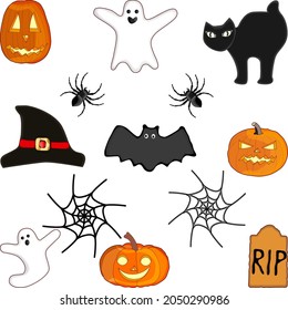 Cartoon style of bat, gravestone, witch hats, cat, spider, cobweb, pumpkins. Set for banner, card, flyer. Halloween. October. Vector illustration on white background