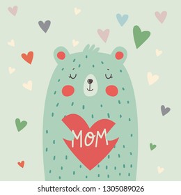 Cartoon style bear holding heart. Text 'Mom'. Mothers Day, greeting card, poster, postcard. Nursery art. Valentines Day.