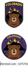 Cartoon style bear with the mountains, river and night sky on background. 