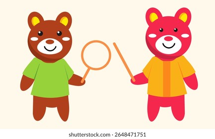 Cartoon style bears in cheerful outfits playing outdoors, ideal for story books,children’s learning visuals, and playful scenes.a bear teacher holding a stick and a magnifying glass a search symbol
