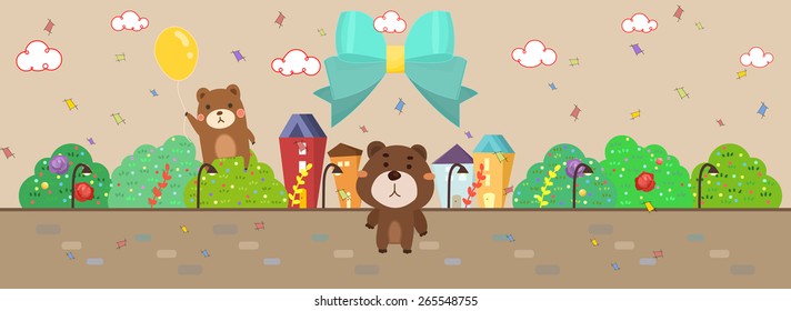 cartoon style bears playing outdoor illustration/ big turquoise color ribbon/ confetti falling in the air/ template for wallpaper or banner