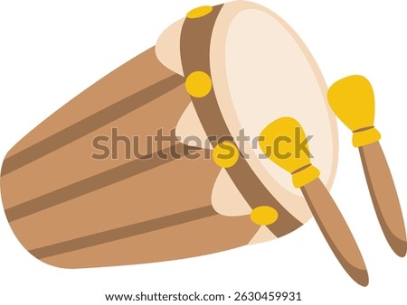 Cartoon Style Bedug Drum with Striker Traditional Musical Instrument Illustration