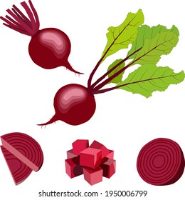 Cartoon style of beetroot. Flat style. Whole, sliced beetroot and half beetroot, diced beets. Fresh organic and healthy, diet and vegetarian food. Vector illustration isolated on white background