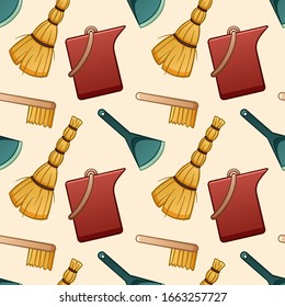 Cartoon style besoms, brushes, red plastic buckets and blue dustpans for cleaning seamless pattern. Beige background, vector.