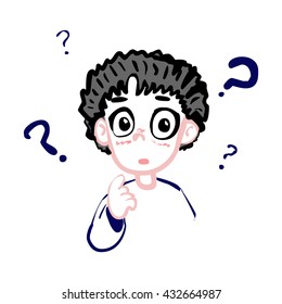 Cartoon style bewildered schoolboy with question signs (cartoon)