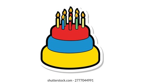 A cartoon style birthday cake with lit candles on top