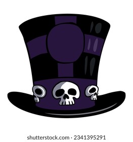 Cartoon style black cylinder hat with the human skulls. Isolated on white background.