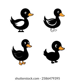 A cartoon style black fill duck on white background, silhouette vector and illustration design.