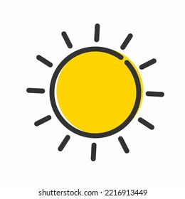 Cartoon style black outline with yellow center bright sunlight, cute summer sunshine icon
