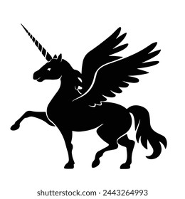 Cartoon style Black Pegasus with unicorn silhouette with outline thick view