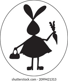 Сute cartoon style black silhouette rabbit girl with handbag and carrot on white background