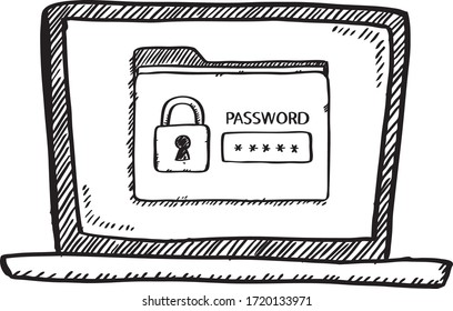 Cartoon style black and white doodle of notebook with file protected by password on screen. Hand drawn doodle vector illustration. Isolated object on transparent background.