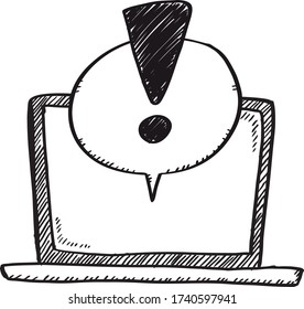 Cartoon style black and white doodle of notebook with exclamation mark in cloud. Hand drawn doodle vector illustration.