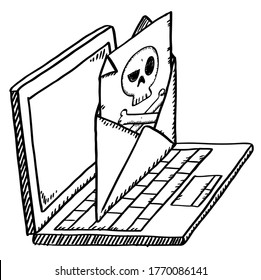 Cartoon style black and white doodle of notebook with opened virus email. Hand drawn doodle vector illustration on white background.