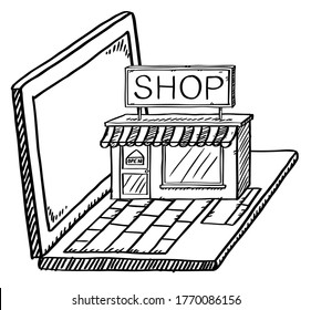 Cartoon style black and white doodle of notebook with online shop on screen. Hand drawn doodle vector illustration