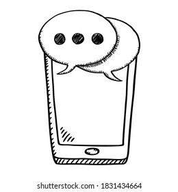 Cartoon style black and white doodle of mobile phone with message bubbles screen. Black and white vector illustration.