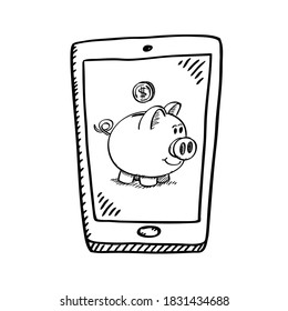 Cartoon Style Black And White Doodle Of Mobile Phone With Piggy Bank Screen. Black And White Vector Illustration.