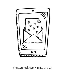 Cartoon style black and white doodle of mobile phone with computer bugs infected email on screen. Black and white vector illustration. 