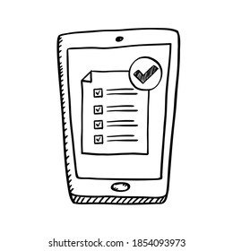 Cartoon style black and white doodle of mobile phone with questionnaire on screen. Black and white vector illustration.