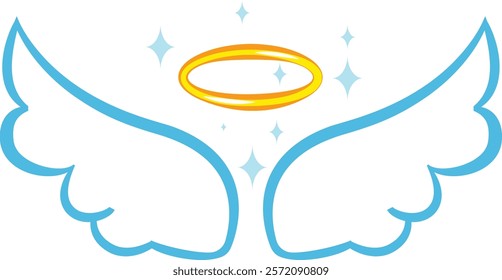 Cartoon style blue angel wings and golden halo with sparkling stars evoke feelings of purity, innocence, and divine presence, perfect for religious or spiritual designs