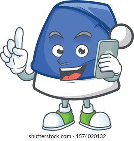 a cartoon style of blue christmas hat speaking on the phone