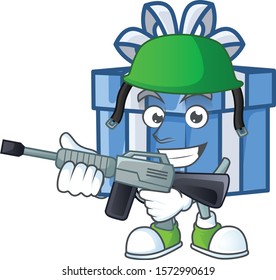 A cartoon style of blue gift box Army with machine gun
