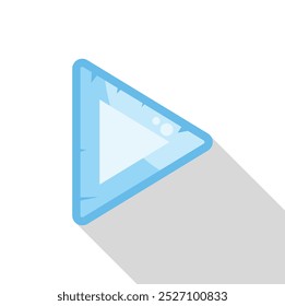 Cartoon style blue ice play button casting long shadow on white background